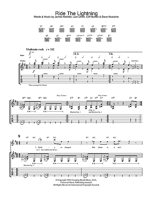 Preview Metallica Ride The Lightning Rock sheet music, notes and chords for Guitar Tab, SKU: 33758 sheet music, piano notes, chords, guitar tabs, score, transpose, transcribe, how to play, guide, download, learn, tutorial, progression, song, artist, awards, billboard, mtv, vh1, tour, single, album, release