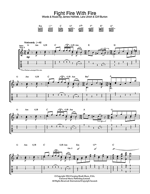 Preview Metallica Fight Fire With Fire Rock sheet music, notes and chords for Guitar Tab, SKU: 33759 sheet music, piano notes, chords, guitar tabs, score, transpose, transcribe, how to play, guide, download, learn, tutorial, progression, song, artist, awards, billboard, mtv, vh1, tour, single, album, release