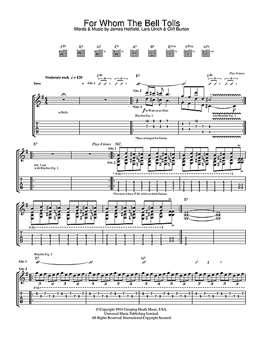 Preview Metallica For Whom The Bell Tolls Rock sheet music, notes and chords for Guitar Tab, SKU: 33760 sheet music, piano notes, chords, guitar tabs, score, transpose, transcribe, how to play, guide, download, learn, tutorial, progression, song, artist, awards, billboard, mtv, vh1, tour, single, album, release