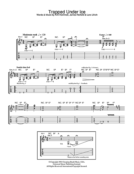 Preview Metallica Trapped Under Ice Rock sheet music, notes and chords for Guitar Tab, SKU: 33761 sheet music, piano notes, chords, guitar tabs, score, transpose, transcribe, how to play, guide, download, learn, tutorial, progression, song, artist, awards, billboard, mtv, vh1, tour, single, album, release