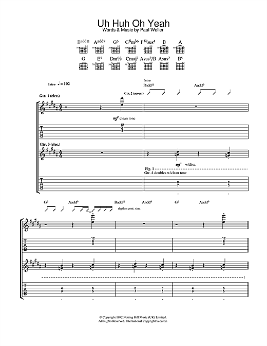 Preview Paul Weller Uh Huh Oh Yeh Rock sheet music, notes and chords for Guitar Tab, SKU: 33763 sheet music, piano notes, chords, guitar tabs, score, transpose, transcribe, how to play, guide, download, learn, tutorial, progression, song, artist, awards, billboard, mtv, vh1, tour, single, album, release