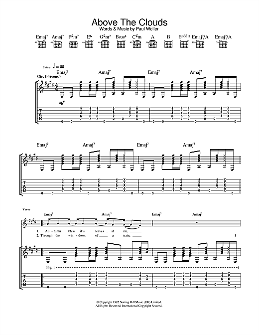 Preview Paul Weller Above The Clouds Rock sheet music, notes and chords for Guitar Tab, SKU: 33764 sheet music, piano notes, chords, guitar tabs, score, transpose, transcribe, how to play, guide, download, learn, tutorial, progression, song, artist, awards, billboard, mtv, vh1, tour, single, album, release