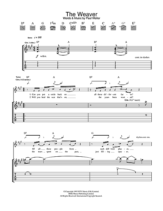 Preview Paul Weller The Weaver Rock sheet music, notes and chords for Guitar Tab, SKU: 33765 sheet music, piano notes, chords, guitar tabs, score, transpose, transcribe, how to play, guide, download, learn, tutorial, progression, song, artist, awards, billboard, mtv, vh1, tour, single, album, release