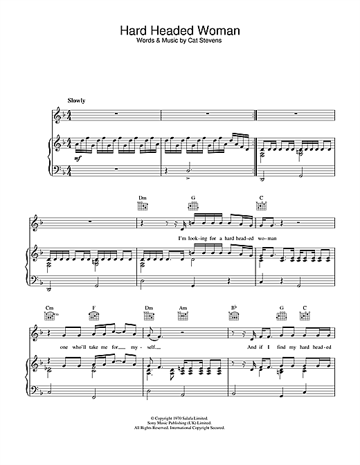 Preview Cat Stevens Hard Headed Woman Pop sheet music, notes and chords for Piano, Vocal & Guitar (Right-Hand Melody), SKU: 33769 sheet music, piano notes, chords, guitar tabs, score, transpose, transcribe, how to play, guide, download, learn, tutorial, progression, song, artist, awards, billboard, mtv, vh1, tour, single, album, release