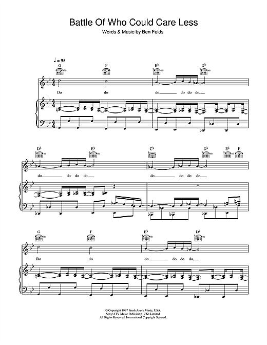 Preview Ben Folds Five Battle Of Who Could Care Less Rock sheet music, notes and chords for Piano, Vocal & Guitar, SKU: 33770 sheet music, piano notes, chords, guitar tabs, score, transpose, transcribe, how to play, guide, download, learn, tutorial, progression, song, artist, awards, billboard, mtv, vh1, tour, single, album, release