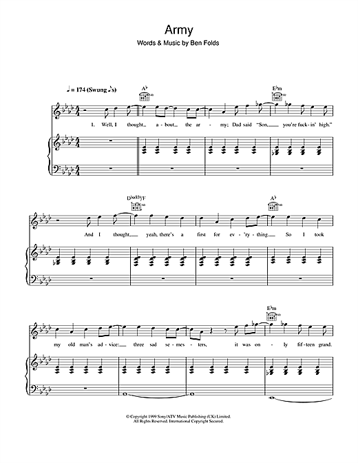 Preview Ben Folds Five Army Rock sheet music, notes and chords for Piano, Vocal & Guitar, SKU: 33771 sheet music, piano notes, chords, guitar tabs, score, transpose, transcribe, how to play, guide, download, learn, tutorial, progression, song, artist, awards, billboard, mtv, vh1, tour, single, album, release
