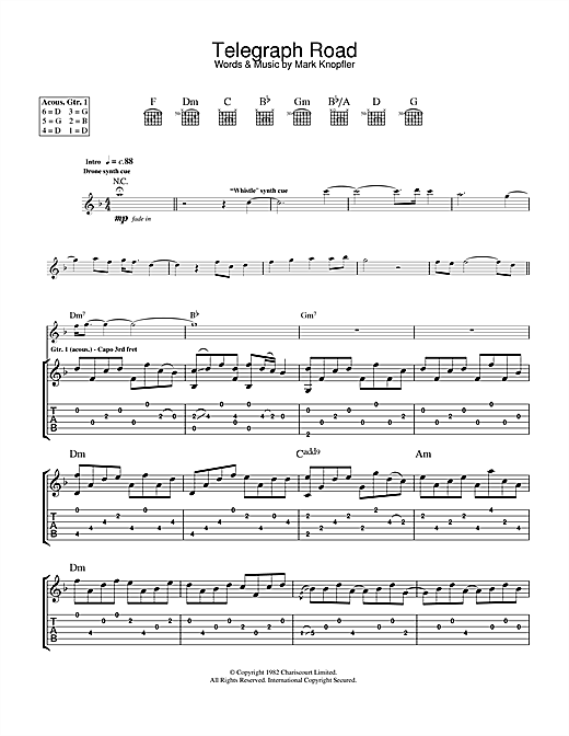 Preview Dire Straits Telegraph Road Rock sheet music, notes and chords for Guitar Tab, SKU: 33777 sheet music, piano notes, chords, guitar tabs, score, transpose, transcribe, how to play, guide, download, learn, tutorial, progression, song, artist, awards, billboard, mtv, vh1, tour, single, album, release