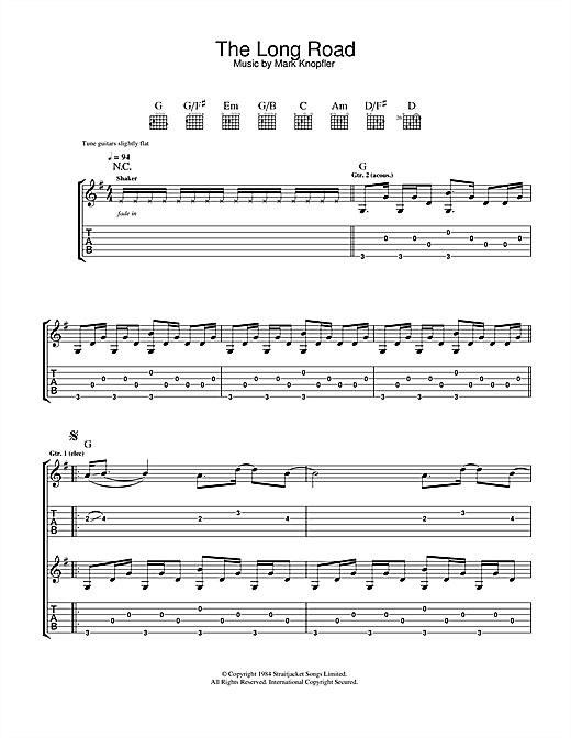 Preview Mark Knopfler The Long Road (from Cal) Rock sheet music, notes and chords for Guitar Tab, SKU: 33778 sheet music, piano notes, chords, guitar tabs, score, transpose, transcribe, how to play, guide, download, learn, tutorial, progression, song, artist, awards, billboard, mtv, vh1, tour, single, album, release