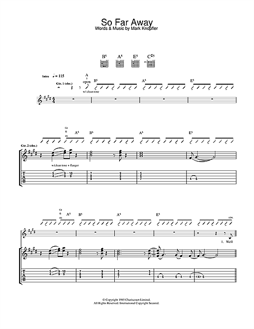 Preview Dire Straits So Far Away Rock sheet music, notes and chords for Guitar Tab, SKU: 33780 sheet music, piano notes, chords, guitar tabs, score, transpose, transcribe, how to play, guide, download, learn, tutorial, progression, song, artist, awards, billboard, mtv, vh1, tour, single, album, release
