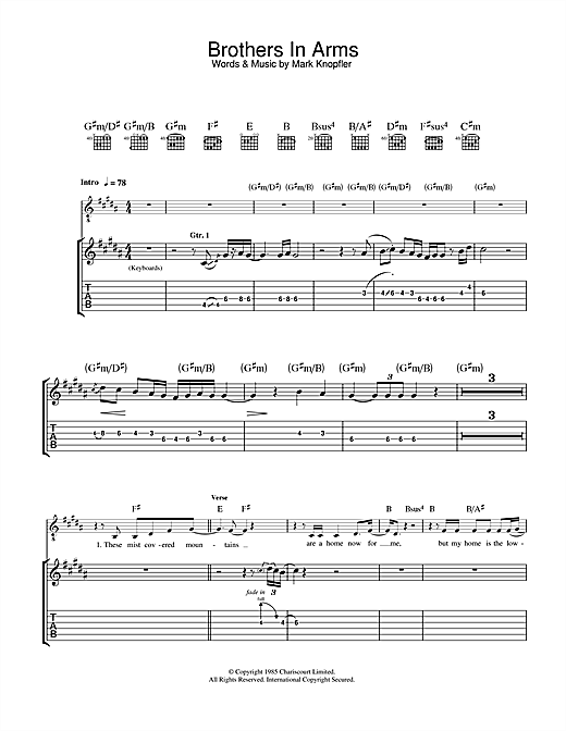 Preview Dire Straits Brothers In Arms Rock sheet music, notes and chords for Guitar Tab, SKU: 33783 sheet music, piano notes, chords, guitar tabs, score, transpose, transcribe, how to play, guide, download, learn, tutorial, progression, song, artist, awards, billboard, mtv, vh1, tour, single, album, release