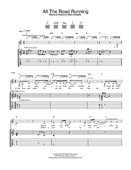 Preview Mark Knopfler All The Road Running Country sheet music, notes and chords for Guitar Tab, SKU: 33784 sheet music, piano notes, chords, guitar tabs, score, transpose, transcribe, how to play, guide, download, learn, tutorial, progression, song, artist, awards, billboard, mtv, vh1, tour, single, album, release