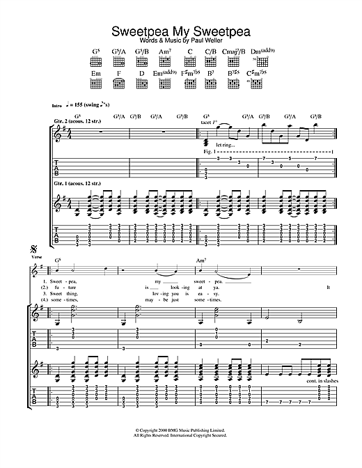 Preview Paul Weller Sweet Pea, My Sweet Pea Rock sheet music, notes and chords for Guitar Tab, SKU: 33785 sheet music, piano notes, chords, guitar tabs, score, transpose, transcribe, how to play, guide, download, learn, tutorial, progression, song, artist, awards, billboard, mtv, vh1, tour, single, album, release