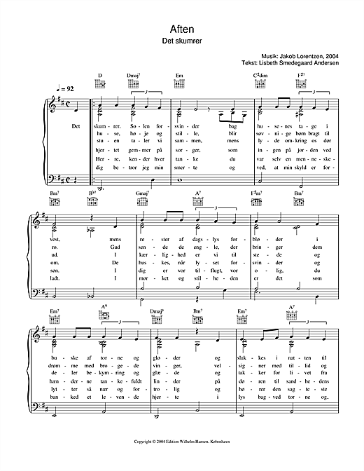 Preview Jakob Lorentzen Aften - Det Skumrer Folk sheet music, notes and chords for Piano, Vocal & Guitar (Right-Hand Melody), SKU: 33793 sheet music, piano notes, chords, guitar tabs, score, transpose, transcribe, how to play, guide, download, learn, tutorial, progression, song, artist, awards, billboard, mtv, vh1, tour, single, album, release