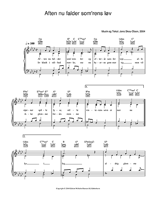 Preview Jens Skou Olsen Aften Nu Falder Som'rens Løv Folk sheet music, notes and chords for Piano, Vocal & Guitar (Right-Hand Melody), SKU: 33794 sheet music, piano notes, chords, guitar tabs, score, transpose, transcribe, how to play, guide, download, learn, tutorial, progression, song, artist, awards, billboard, mtv, vh1, tour, single, album, release