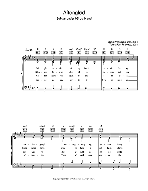 Preview Vagn Nørgaard Aftenglød - Sol Går Under Bål Og Brand Folk sheet music, notes and chords for Piano, Vocal & Guitar (Right-Hand Melody), SKU: 33795 sheet music, piano notes, chords, guitar tabs, score, transpose, transcribe, how to play, guide, download, learn, tutorial, progression, song, artist, awards, billboard, mtv, vh1, tour, single, album, release