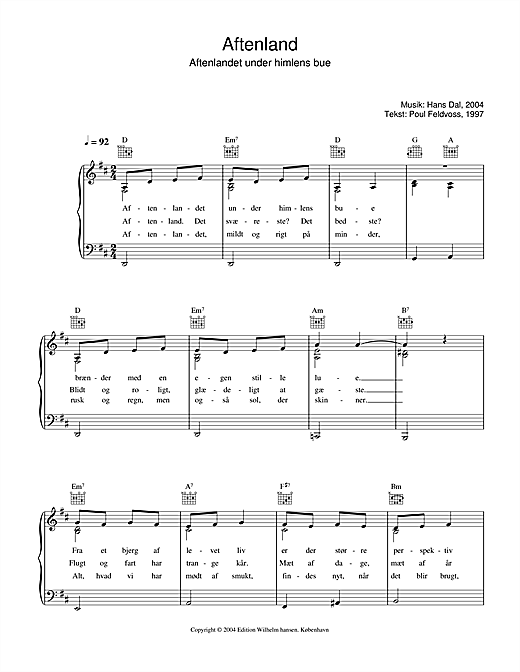 Preview Hans Dal Aftenland - Aftenlandet Under Himlens Bue Folk sheet music, notes and chords for Piano, Vocal & Guitar (Right-Hand Melody), SKU: 33796 sheet music, piano notes, chords, guitar tabs, score, transpose, transcribe, how to play, guide, download, learn, tutorial, progression, song, artist, awards, billboard, mtv, vh1, tour, single, album, release