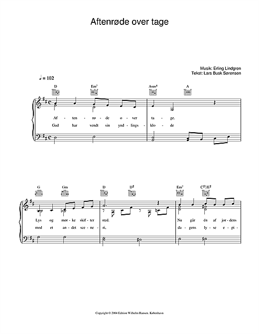 Preview Erling Lindgren Aftenrøde Over Tage Folk sheet music, notes and chords for Piano, Vocal & Guitar (Right-Hand Melody), SKU: 33797 sheet music, piano notes, chords, guitar tabs, score, transpose, transcribe, how to play, guide, download, learn, tutorial, progression, song, artist, awards, billboard, mtv, vh1, tour, single, album, release