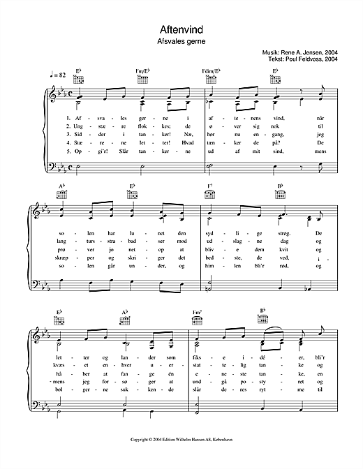 Preview René A. Jensen Aftenvind - Afsvales Gerne Folk sheet music, notes and chords for Piano, Vocal & Guitar (Right-Hand Melody), SKU: 33799 sheet music, piano notes, chords, guitar tabs, score, transpose, transcribe, how to play, guide, download, learn, tutorial, progression, song, artist, awards, billboard, mtv, vh1, tour, single, album, release