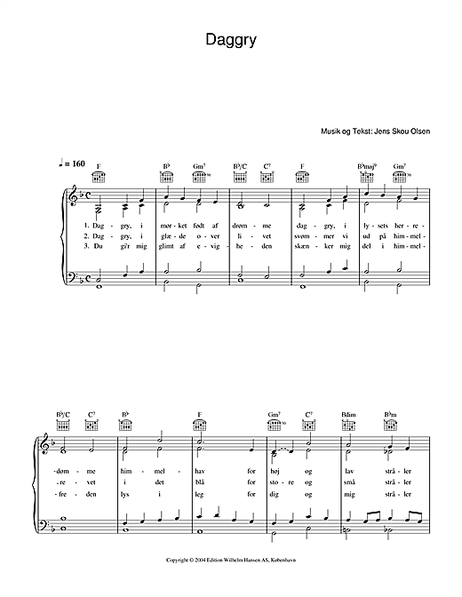 Preview Jens Skou Olsen Daggry Folk sheet music, notes and chords for Piano, Vocal & Guitar (Right-Hand Melody), SKU: 33801 sheet music, piano notes, chords, guitar tabs, score, transpose, transcribe, how to play, guide, download, learn, tutorial, progression, song, artist, awards, billboard, mtv, vh1, tour, single, album, release