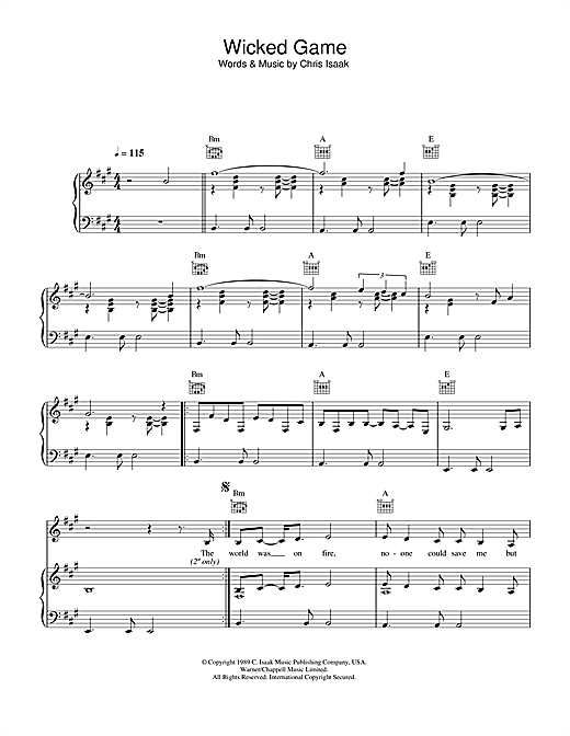 Preview Chris Isaak Wicked Game Pop sheet music, notes and chords for Piano, Vocal & Guitar (Right-Hand Melody), SKU: 33803 sheet music, piano notes, chords, guitar tabs, score, transpose, transcribe, how to play, guide, download, learn, tutorial, progression, song, artist, awards, billboard, mtv, vh1, tour, single, album, release