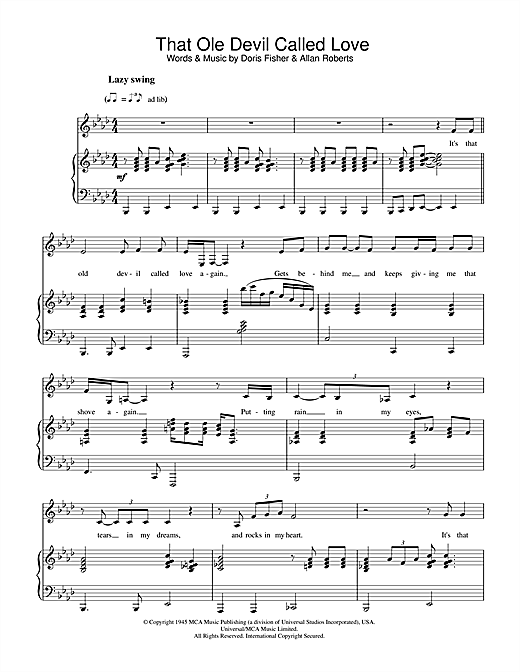 Preview Diana Krall That Ole Devil Called Love Jazz sheet music, notes and chords for Piano & Vocal, SKU: 33804 sheet music, piano notes, chords, guitar tabs, score, transpose, transcribe, how to play, guide, download, learn, tutorial, progression, song, artist, awards, billboard, mtv, vh1, tour, single, album, release