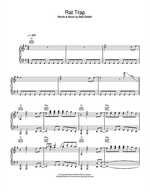 Preview The Boomtown Rats Rat Trap Rock sheet music, notes and chords for Piano, Vocal & Guitar, SKU: 33806 sheet music, piano notes, chords, guitar tabs, score, transpose, transcribe, how to play, guide, download, learn, tutorial, progression, song, artist, awards, billboard, mtv, vh1, tour, single, album, release