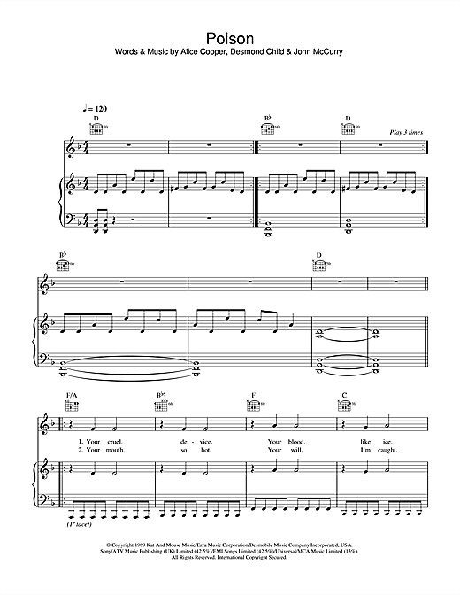 Preview Alice Cooper Poison Rock sheet music, notes and chords for Piano, Vocal & Guitar (Right-Hand Melody), SKU: 33807 sheet music, piano notes, chords, guitar tabs, score, transpose, transcribe, how to play, guide, download, learn, tutorial, progression, song, artist, awards, billboard, mtv, vh1, tour, single, album, release