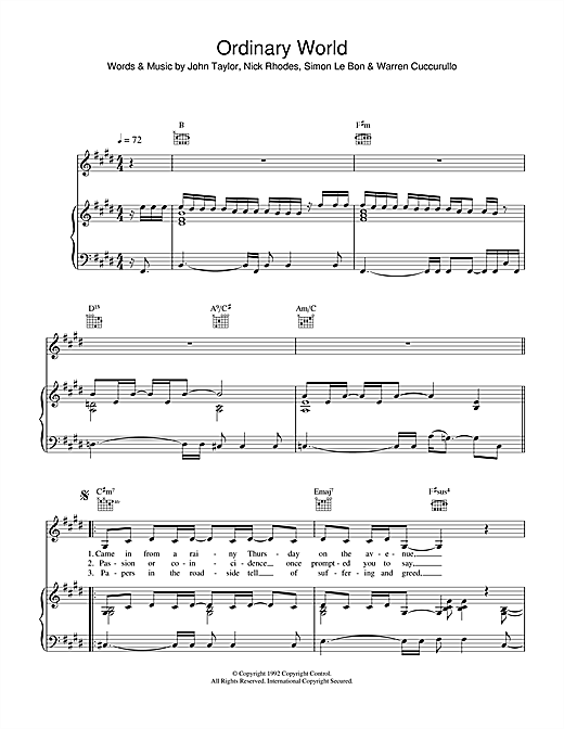 Preview Duran Duran Ordinary World Pop sheet music, notes and chords for Piano, Vocal & Guitar (Right-Hand Melody), SKU: 33809 sheet music, piano notes, chords, guitar tabs, score, transpose, transcribe, how to play, guide, download, learn, tutorial, progression, song, artist, awards, billboard, mtv, vh1, tour, single, album, release