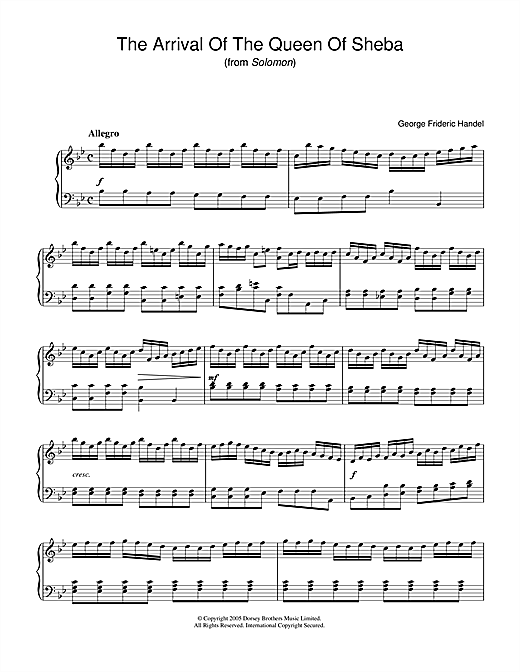 Preview George Frideric Handel The Arrival Of The Queen Of Sheba (from Solomon) Classical sheet music, notes and chords for Piano, SKU: 33810 sheet music, piano notes, chords, guitar tabs, score, transpose, transcribe, how to play, guide, download, learn, tutorial, progression, song, artist, awards, billboard, mtv, vh1, tour, single, album, release