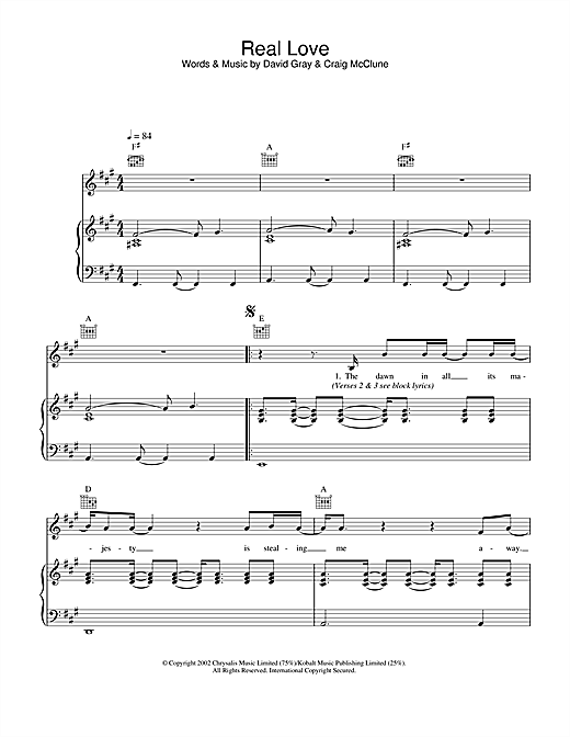 Preview David Gray Real Love Pop sheet music, notes and chords for Piano, Vocal & Guitar, SKU: 33813 sheet music, piano notes, chords, guitar tabs, score, transpose, transcribe, how to play, guide, download, learn, tutorial, progression, song, artist, awards, billboard, mtv, vh1, tour, single, album, release