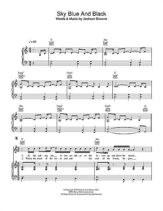 Preview Jackson Browne Sky Blue And Black Pop sheet music, notes and chords for Piano, Vocal & Guitar, SKU: 33816 sheet music, piano notes, chords, guitar tabs, score, transpose, transcribe, how to play, guide, download, learn, tutorial, progression, song, artist, awards, billboard, mtv, vh1, tour, single, album, release