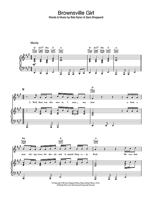 Preview Bob Dylan Brownsville Girl Rock sheet music, notes and chords for Piano, Vocal & Guitar (Right-Hand Melody), SKU: 33819 sheet music, piano notes, chords, guitar tabs, score, transpose, transcribe, how to play, guide, download, learn, tutorial, progression, song, artist, awards, billboard, mtv, vh1, tour, single, album, release