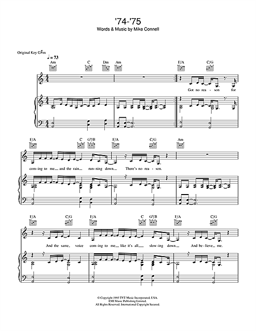 Preview The Connells '74-'75 Pop sheet music, notes and chords for Piano, Vocal & Guitar (Right-Hand Melody), SKU: 33822 sheet music, piano notes, chords, guitar tabs, score, transpose, transcribe, how to play, guide, download, learn, tutorial, progression, song, artist, awards, billboard, mtv, vh1, tour, single, album, release