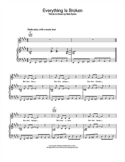 Preview Bob Dylan Everything Is Broken Rock sheet music, notes and chords for Piano, Vocal & Guitar (Right-Hand Melody), SKU: 33824 sheet music, piano notes, chords, guitar tabs, score, transpose, transcribe, how to play, guide, download, learn, tutorial, progression, song, artist, awards, billboard, mtv, vh1, tour, single, album, release