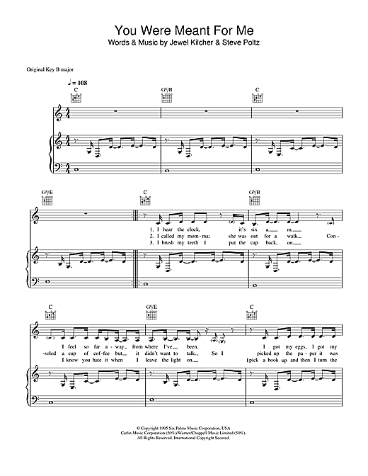 Preview Jewel You Were Meant For Me Pop sheet music, notes and chords for Piano, Vocal & Guitar, SKU: 33825 sheet music, piano notes, chords, guitar tabs, score, transpose, transcribe, how to play, guide, download, learn, tutorial, progression, song, artist, awards, billboard, mtv, vh1, tour, single, album, release