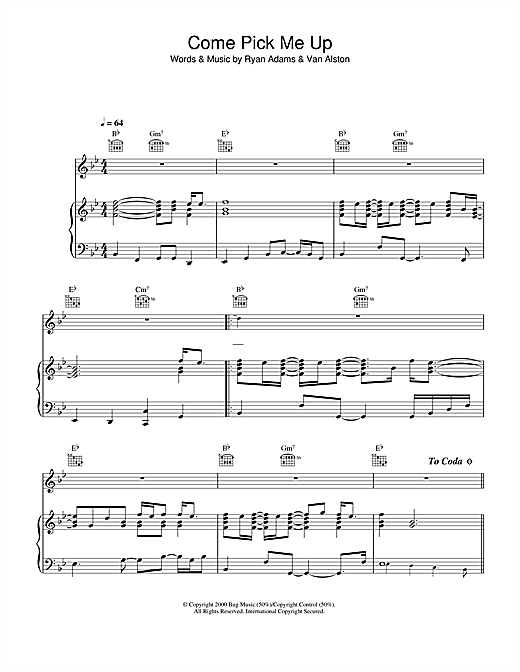 Preview Ryan Adams Come Pick Me Up Rock sheet music, notes and chords for Piano, Vocal & Guitar (Right-Hand Melody), SKU: 33826 sheet music, piano notes, chords, guitar tabs, score, transpose, transcribe, how to play, guide, download, learn, tutorial, progression, song, artist, awards, billboard, mtv, vh1, tour, single, album, release