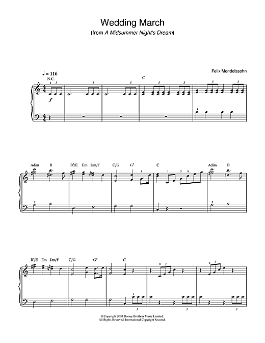 Preview Felix Mendelssohn Wedding March (from A Midsummer Night's Dream) Classical sheet music, notes and chords for Beginner Piano, SKU: 33830 sheet music, piano notes, chords, guitar tabs, score, transpose, transcribe, how to play, guide, download, learn, tutorial, progression, song, artist, awards, billboard, mtv, vh1, tour, single, album, release