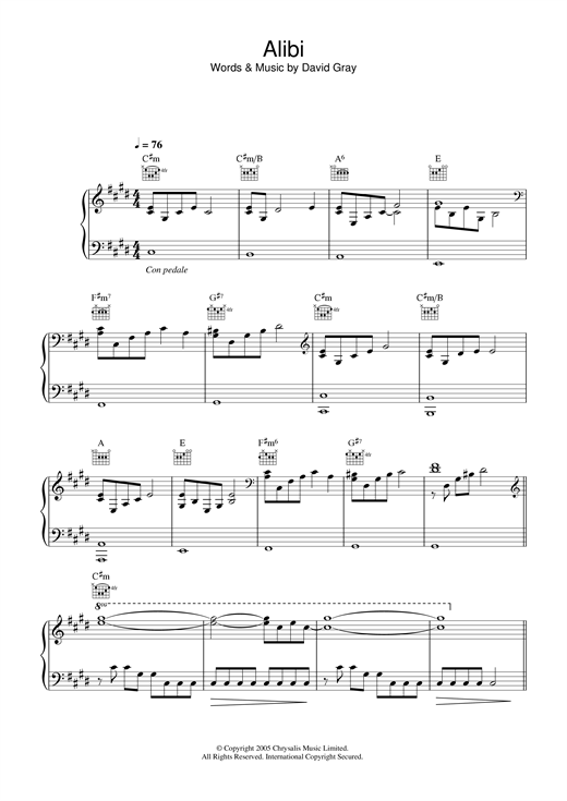 Preview David Gray Alibi Pop sheet music, notes and chords for Piano, Vocal & Guitar, SKU: 33832 sheet music, piano notes, chords, guitar tabs, score, transpose, transcribe, how to play, guide, download, learn, tutorial, progression, song, artist, awards, billboard, mtv, vh1, tour, single, album, release