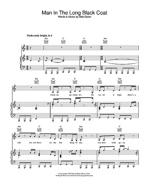 Preview Bob Dylan Man In The Long Black Coat Rock sheet music, notes and chords for Piano, Vocal & Guitar (Right-Hand Melody), SKU: 33835 sheet music, piano notes, chords, guitar tabs, score, transpose, transcribe, how to play, guide, download, learn, tutorial, progression, song, artist, awards, billboard, mtv, vh1, tour, single, album, release