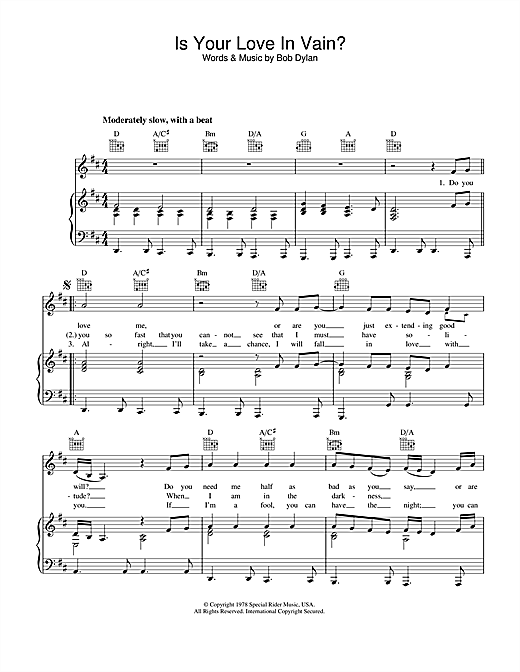 Preview Bob Dylan Is Your Love In Vain Rock sheet music, notes and chords for Piano, Vocal & Guitar (Right-Hand Melody), SKU: 33836 sheet music, piano notes, chords, guitar tabs, score, transpose, transcribe, how to play, guide, download, learn, tutorial, progression, song, artist, awards, billboard, mtv, vh1, tour, single, album, release
