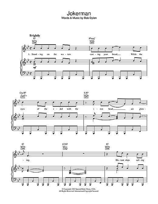 Preview Bob Dylan Jokerman Rock sheet music, notes and chords for Piano, Vocal & Guitar (Right-Hand Melody), SKU: 33837 sheet music, piano notes, chords, guitar tabs, score, transpose, transcribe, how to play, guide, download, learn, tutorial, progression, song, artist, awards, billboard, mtv, vh1, tour, single, album, release