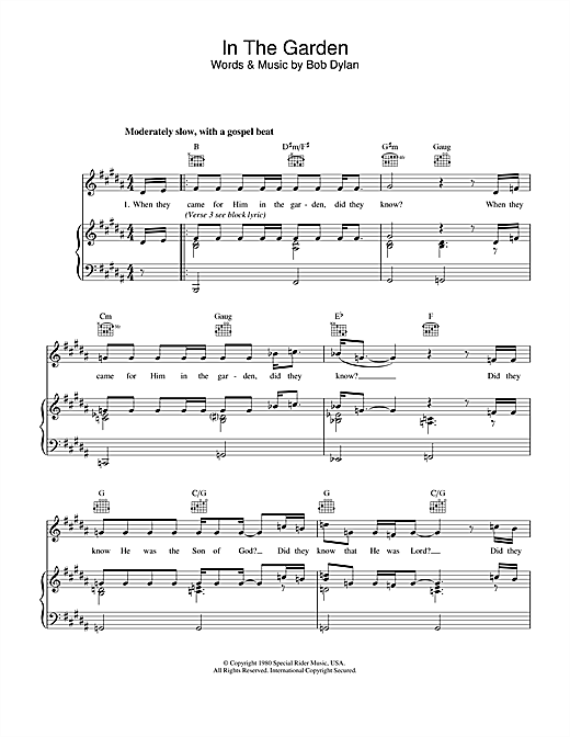 Preview Bob Dylan In The Garden Rock sheet music, notes and chords for Piano, Vocal & Guitar (Right-Hand Melody), SKU: 33839 sheet music, piano notes, chords, guitar tabs, score, transpose, transcribe, how to play, guide, download, learn, tutorial, progression, song, artist, awards, billboard, mtv, vh1, tour, single, album, release