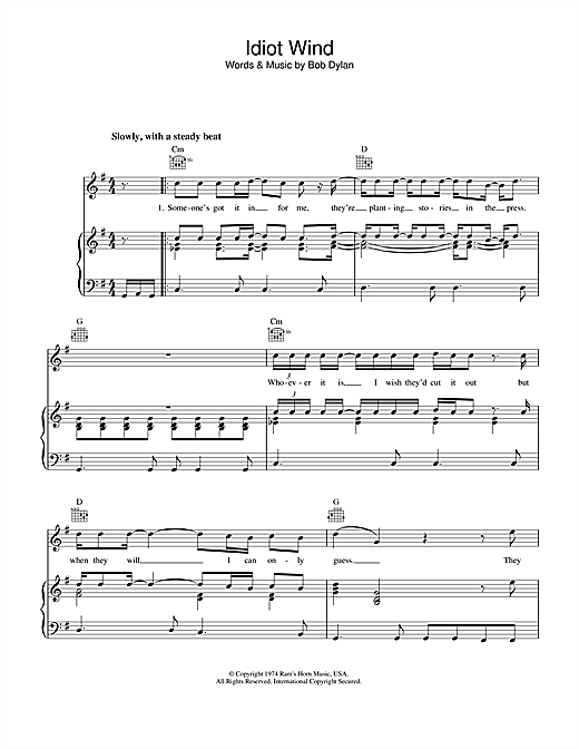 Preview Bob Dylan Idiot Wind Rock sheet music, notes and chords for Piano, Vocal & Guitar (Right-Hand Melody), SKU: 33840 sheet music, piano notes, chords, guitar tabs, score, transpose, transcribe, how to play, guide, download, learn, tutorial, progression, song, artist, awards, billboard, mtv, vh1, tour, single, album, release