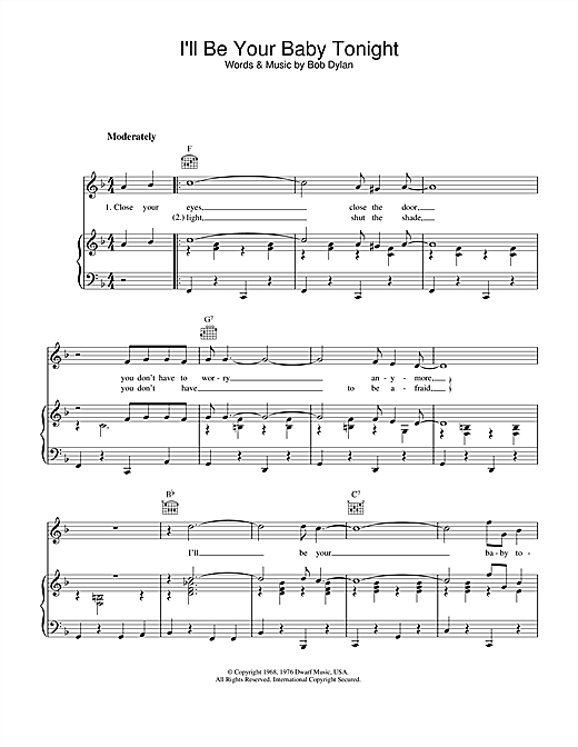 Preview Bob Dylan I'll Be Your Baby Tonight Rock sheet music, notes and chords for Piano, Vocal & Guitar (Right-Hand Melody), SKU: 33842 sheet music, piano notes, chords, guitar tabs, score, transpose, transcribe, how to play, guide, download, learn, tutorial, progression, song, artist, awards, billboard, mtv, vh1, tour, single, album, release