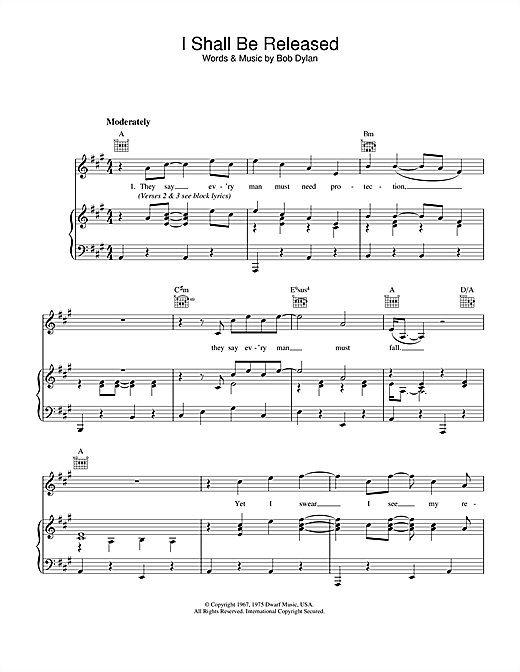 Preview Bob Dylan I Shall Be Released Rock sheet music, notes and chords for Piano, Vocal & Guitar (Right-Hand Melody), SKU: 33843 sheet music, piano notes, chords, guitar tabs, score, transpose, transcribe, how to play, guide, download, learn, tutorial, progression, song, artist, awards, billboard, mtv, vh1, tour, single, album, release