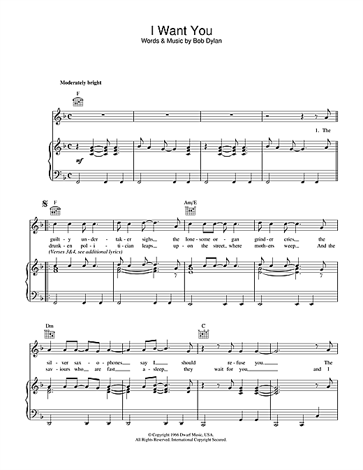 Preview Bob Dylan I Want You Rock sheet music, notes and chords for Piano, Vocal & Guitar (Right-Hand Melody), SKU: 33844 sheet music, piano notes, chords, guitar tabs, score, transpose, transcribe, how to play, guide, download, learn, tutorial, progression, song, artist, awards, billboard, mtv, vh1, tour, single, album, release