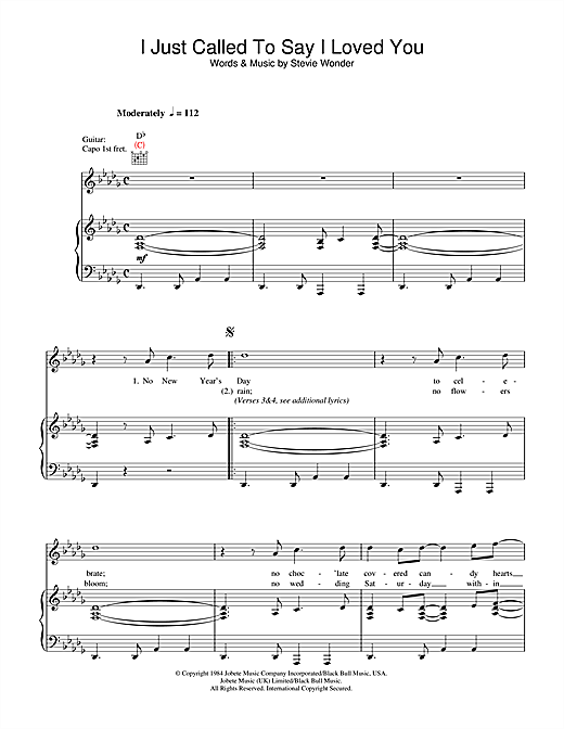 Preview Stevie Wonder I Just Called To Say I Love You Soul sheet music, notes and chords for Piano, Vocal & Guitar (Right-Hand Melody), SKU: 33845 sheet music, piano notes, chords, guitar tabs, score, transpose, transcribe, how to play, guide, download, learn, tutorial, progression, song, artist, awards, billboard, mtv, vh1, tour, single, album, release