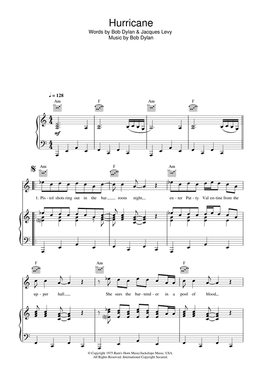 Preview Bob Dylan Hurricane Rock sheet music, notes and chords for Piano, Vocal & Guitar (Right-Hand Melody), SKU: 33846 sheet music, piano notes, chords, guitar tabs, score, transpose, transcribe, how to play, guide, download, learn, tutorial, progression, song, artist, awards, billboard, mtv, vh1, tour, single, album, release