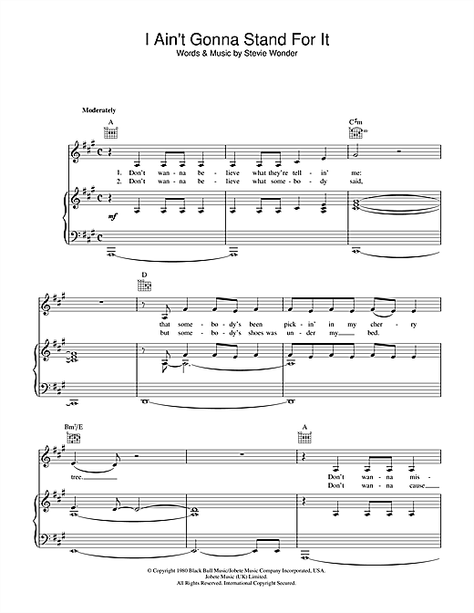 Preview Stevie Wonder I Ain't Gonna Stand For It Soul sheet music, notes and chords for Piano, Vocal & Guitar (Right-Hand Melody), SKU: 33847 sheet music, piano notes, chords, guitar tabs, score, transpose, transcribe, how to play, guide, download, learn, tutorial, progression, song, artist, awards, billboard, mtv, vh1, tour, single, album, release