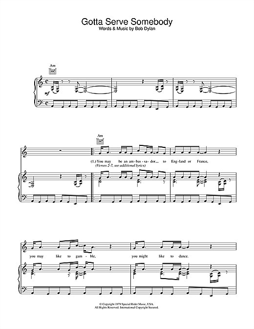 Preview Bob Dylan Gotta Serve Somebody Rock sheet music, notes and chords for Piano, Vocal & Guitar (Right-Hand Melody), SKU: 33848 sheet music, piano notes, chords, guitar tabs, score, transpose, transcribe, how to play, guide, download, learn, tutorial, progression, song, artist, awards, billboard, mtv, vh1, tour, single, album, release